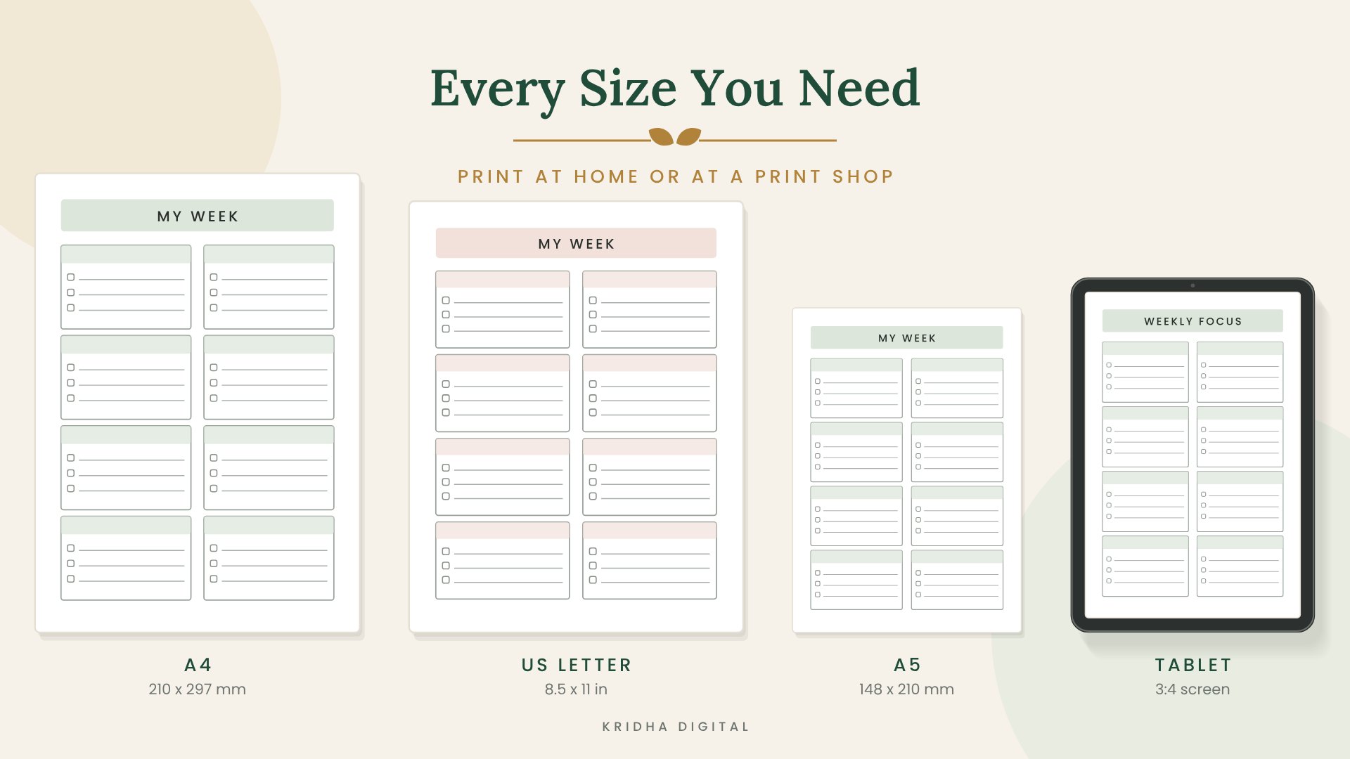 The same planner in A4, US Letter, A5 and tablet sizes