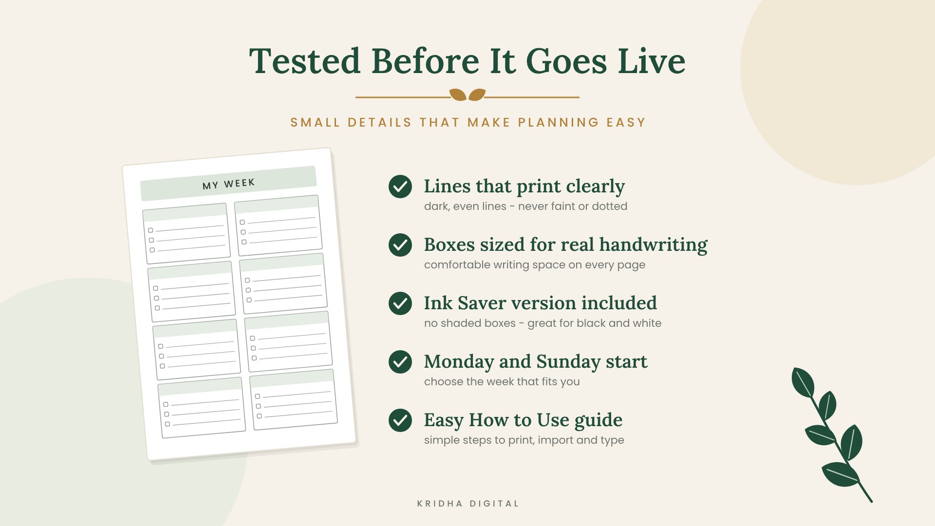 Tested before it goes live: lines that print clearly, boxes sized for real handwriting, ink saver version, Monday and Sunday start, easy how-to-use guide